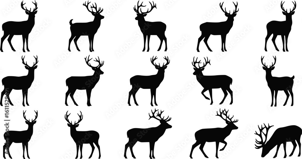 Naklejka premium Deer Silhouette Vector Set - Black Wildlife Icons Collection on White Background