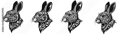 Four stylized black rabbit heads with tribal patterns on a white background hare animal