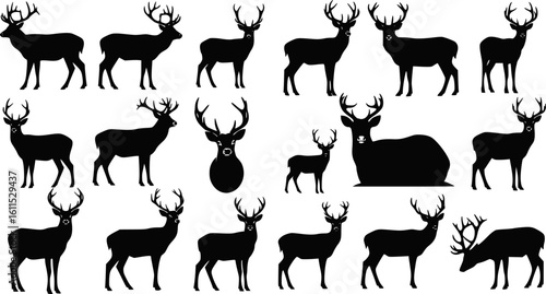 Deer Silhouette Vector Set - Black Wildlife Icons Collection on White Background

