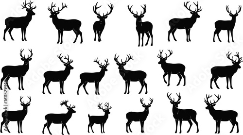 Deer Silhouette Vector Set - Black Wildlife Icons Collection on White Background
