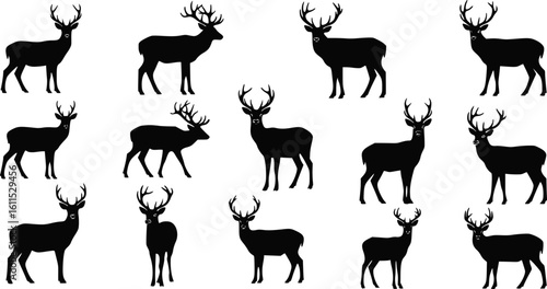 Deer Silhouette Vector Set - Black Wildlife Icons Collection on White Background
