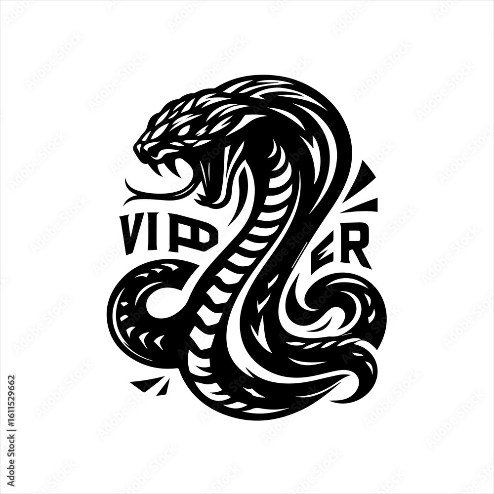 Fototapeta premium Stylized black viper snake illustration with text