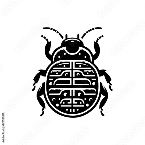 Stylized black and white scarab beetle illustration