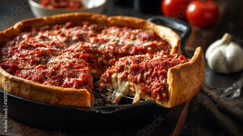 Authentic Chicago deep dish pizza oozing with cheese and chunky tomato sauce served hot on a cast iron pan