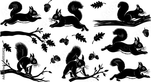 Dynamic Running Squirrel Silhouette Vector Set with Multiple Action Poses and Decorative Elements
