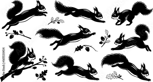 Dynamic Running Squirrel Silhouette Vector Set with Multiple Action Poses and Decorative Elements
