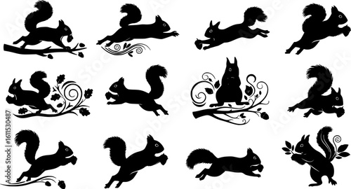 Dynamic Running Squirrel Silhouette Vector Set with Multiple Action Poses and Decorative Elements
