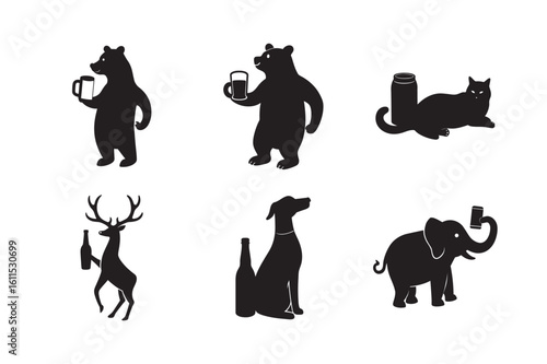 silhouette of funny animal drinking a beer, beer ,deer, dog , elephant ,and  monkey set bundle on the white background.