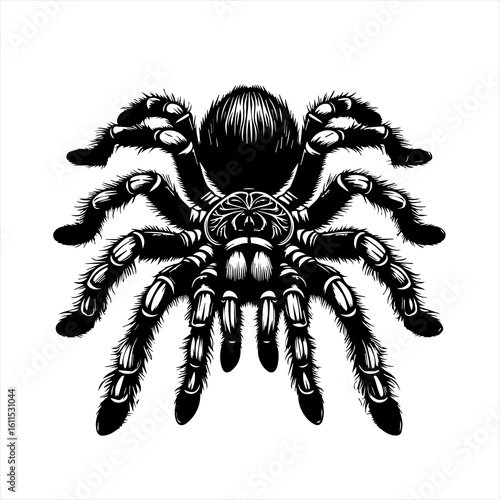Detailed black and white illustration of a tarantula spider