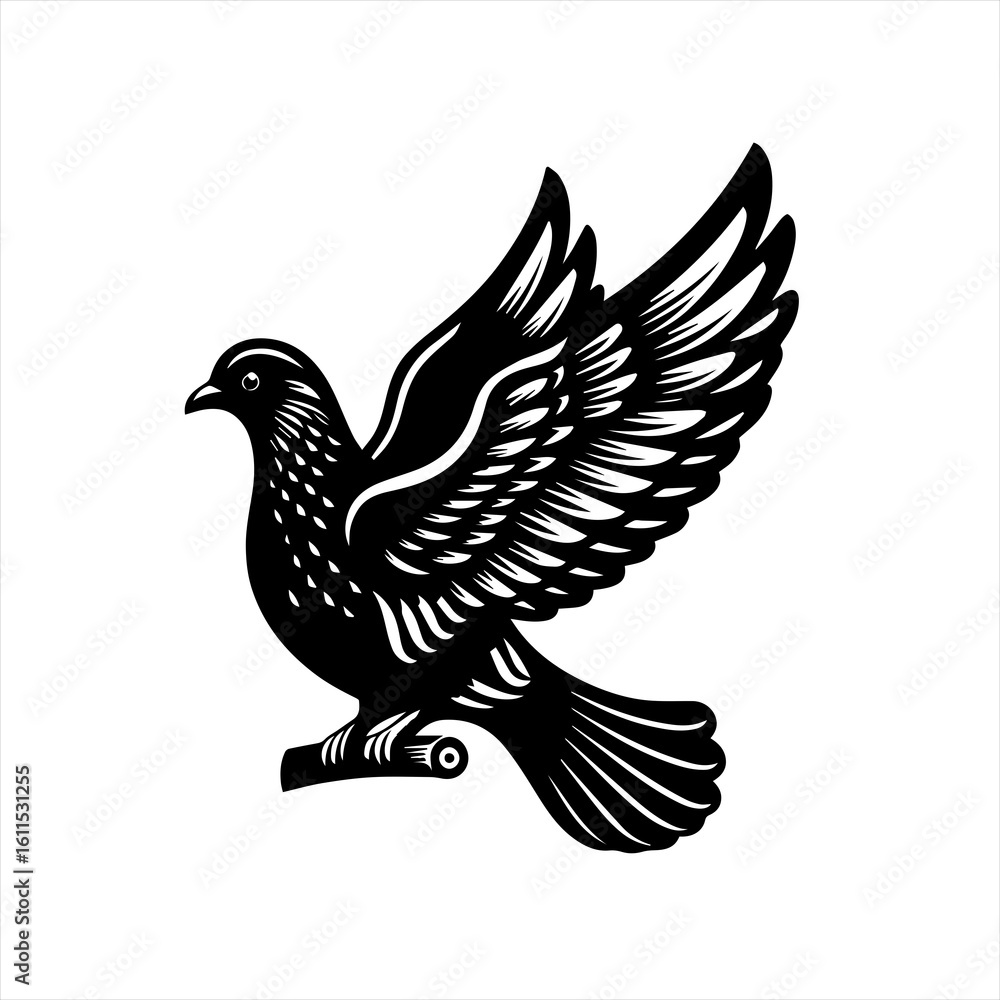 Obraz premium Black silhouette of a dove with spread wings perched on a branch