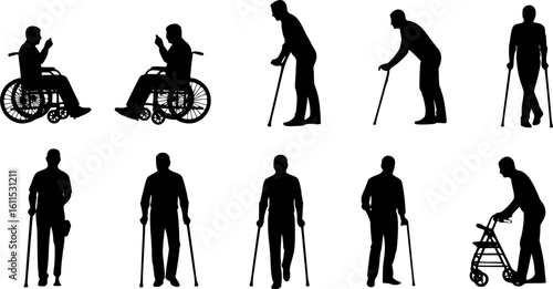 Silhouette Vector Set of Men and Women with Diverse Disabilities and Mobility Aids
