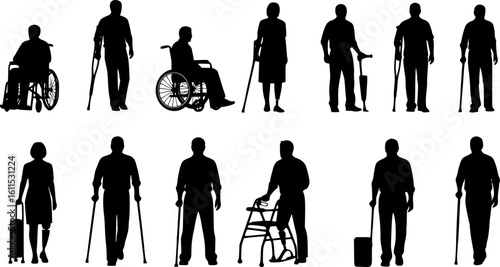 Silhouette Vector Set of Men and Women with Diverse Disabilities and Mobility Aids
