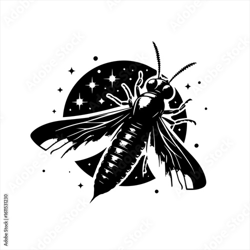 Stylized black and white illustration of a bee with wings spread
