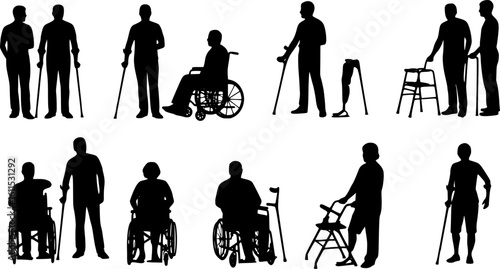 Silhouette Vector Set of Men and Women with Diverse Disabilities and Mobility Aids
