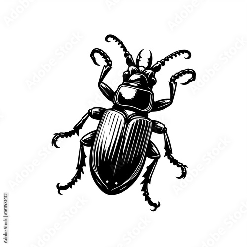 Stylized black and white illustration of a stag beetle