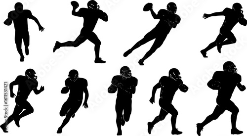 American Football Player Silhouette Vector Set – Dynamic Action Poses on White Background
