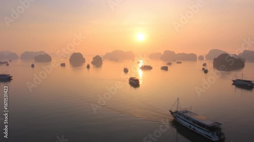 Scenic Halong Bay at Sunrise: Boats Navigate Through the Limestone Karsts