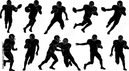 American Football Player Silhouette Vector Set – Dynamic Action Poses on White Background
