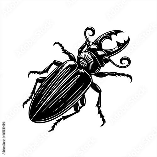 Detailed black and white illustration of a stag beetle