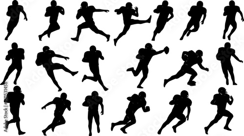 American Football Player Silhouette Vector Set – Dynamic Action Poses on White Background

