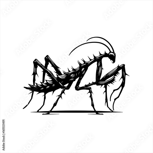 Stylized black and white illustration of a praying mantis