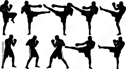 Boxing and Kickboxing Silhouette Vector Set – Fighter Poses and Combat Action on White Background
