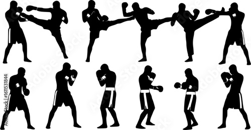 Boxing and Kickboxing Silhouette Vector Set – Fighter Poses and Combat Action on White Background
