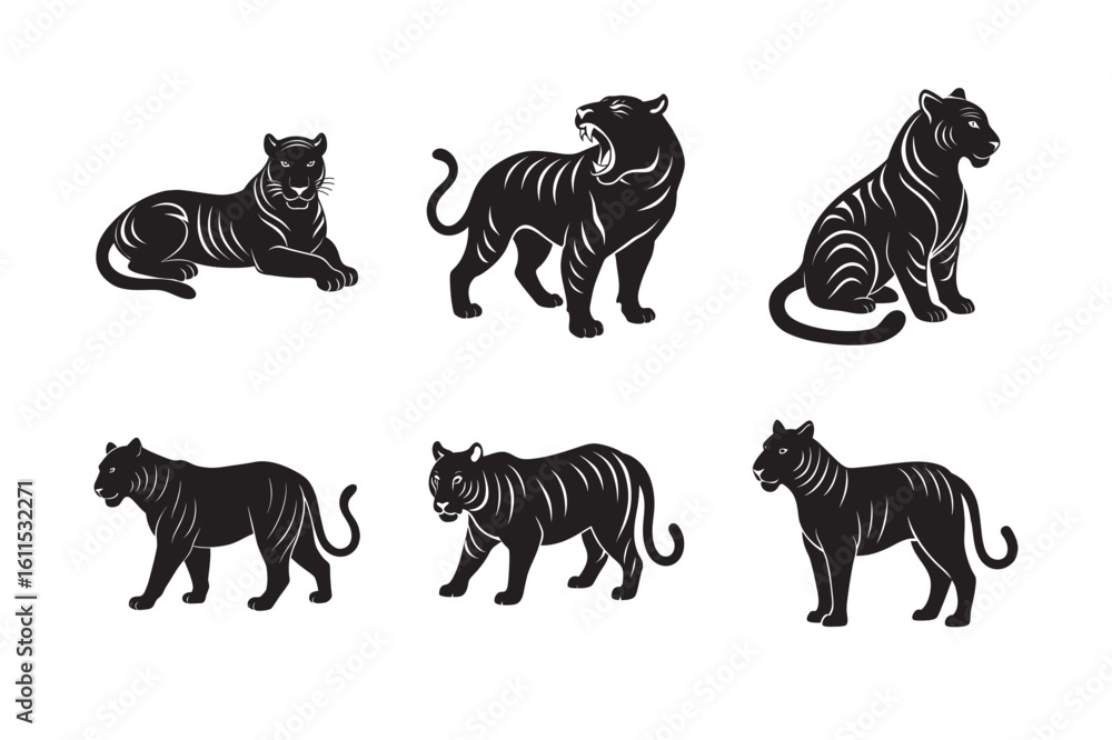 Naklejka premium silhouette tiger walking stealthily set bundle on white background