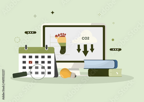 Carbon Footprint Tracking. Carbon footprint analysis with CO2 monitoring, calendar scheduling, and data tracking for environmental business sustainability initiatives. Flat style. Vector illustration