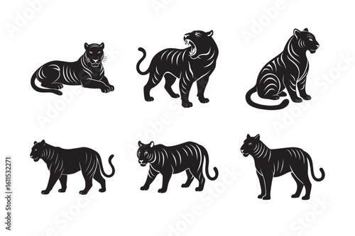 silhouette tiger walking stealthily set bundle on white background