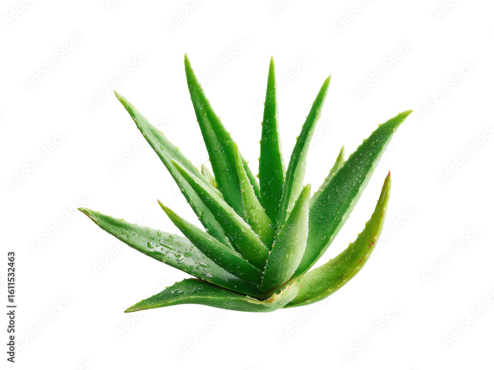 Fototapeta premium Lush green aloe vera plant glistening with water droplets against a stark black background succulent, Isolated, Png Transparent Background