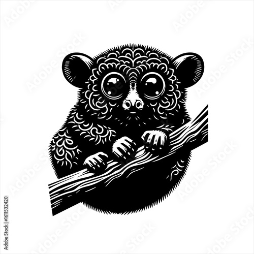 Cute tarsier primate with large eyes clinging to a branch