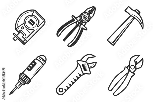 Collection of Hand Drawn Construction Tools.