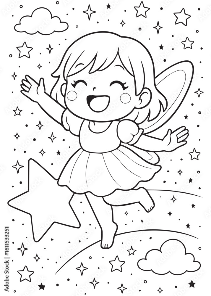 Fototapeta premium Coloring book fairy floating among stars and clouds.