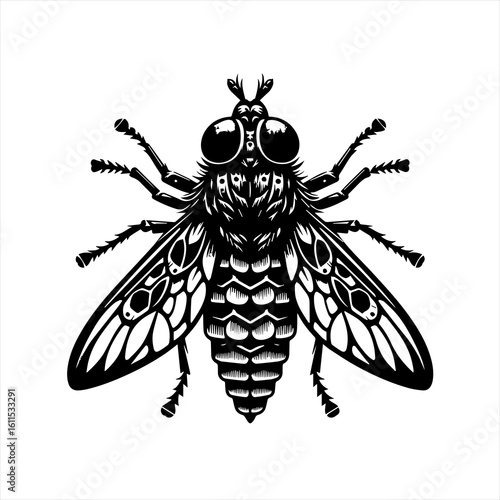Detailed black and white illustration of a fly