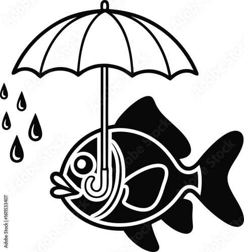 Whimsical fish holding umbrella shielding itself from raindrops