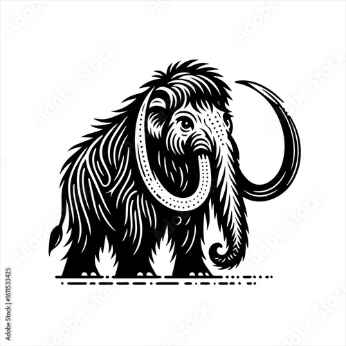Stylized black and white mammoth illustration with curved tusks