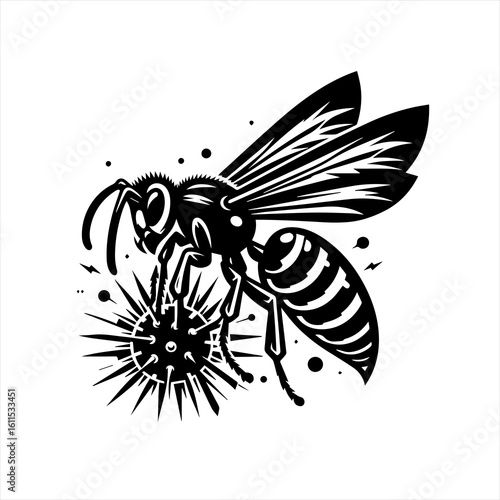 Stylized wasp attacking a spiky ball illustration