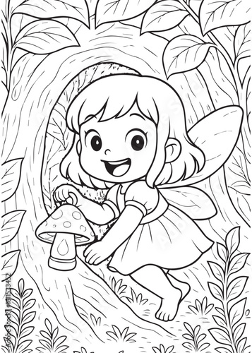 Coloring book  fairy hiding behind a mushroom in the woods.