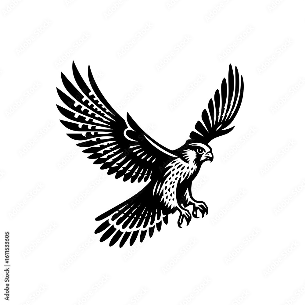 Obraz premium Black and white illustration of a falcon in flight