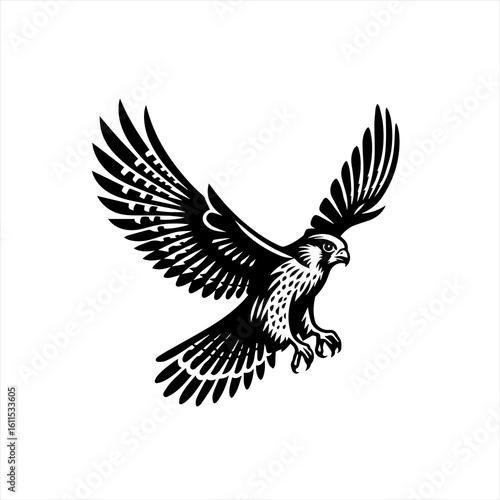 Black and white illustration of a falcon in flight