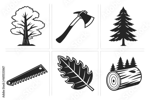 Forest Icons Tree Axe Saw Leaf Logs.