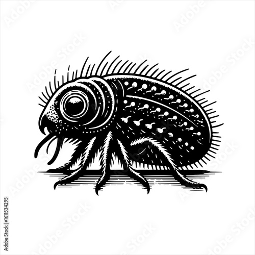 Detailed black and white illustration of a flea