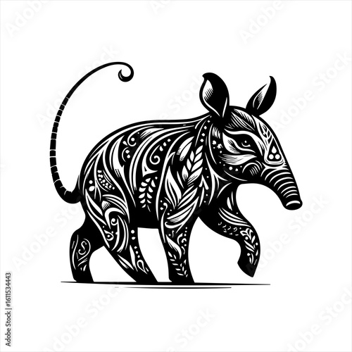 Ornate black and white tapir walking with decorative patterns