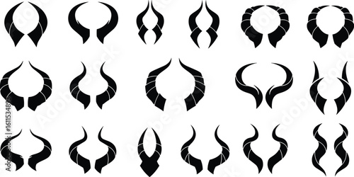 Vector set of black tribal horn designs, fantasy devil horn shapes, symmetrical gothic horn vector, demon style ornament icons for tattoo, logo, decoration