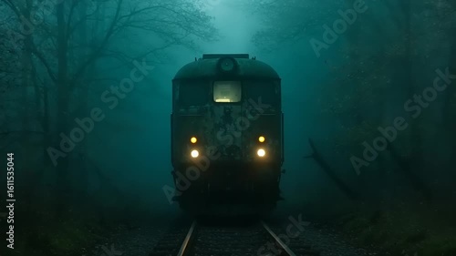 Foggy train in a dark forest