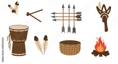 A conceptual collection of ancient tribal artifacts and cultural symbols like a drum, arrows, and campfire.