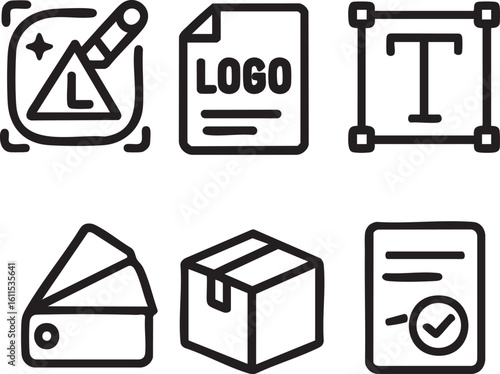Clean black outline icons depicting design software functions, brand identity creation, packaging solutions, and project completion.