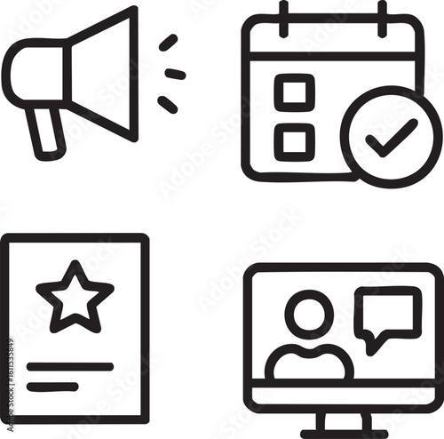 Black and white line art icons display a megaphone, calendar with checkmark, star document, and online video conference, alluding to announcements and events.