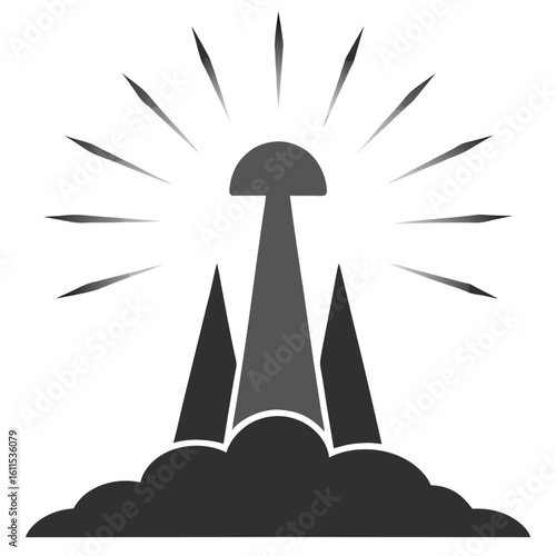 silhouette sunlight piercing mist in shafts on a white background